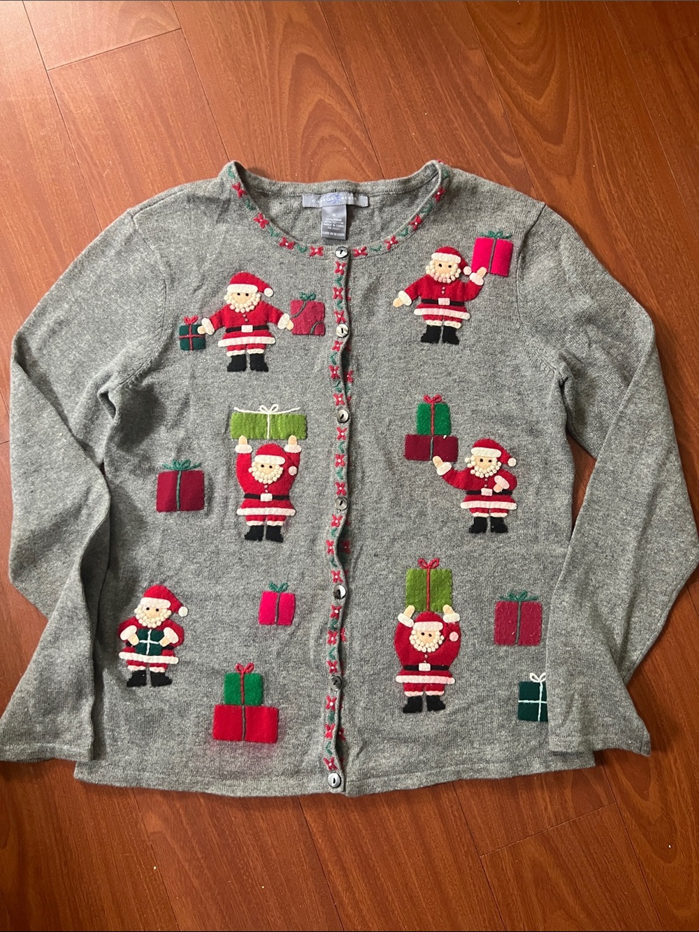 Carroll Reed Gray Christmas Santa and Presents Cardigan size‎ S